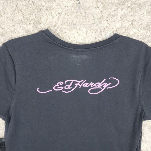 Ed Hardy Shirt Womens XL Black True Love Rose Tattoo Graphic Tee Crew Neck Print - Picture 7 of 9
